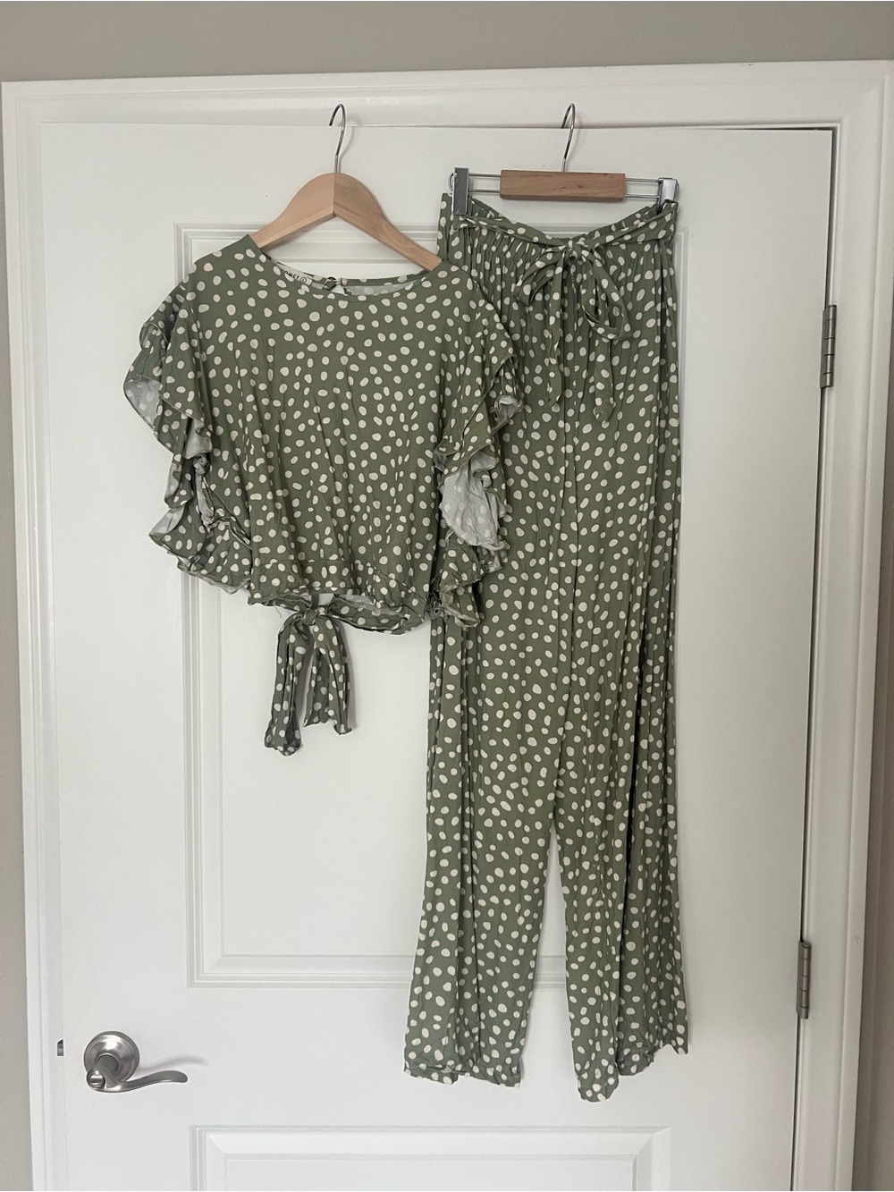 Polka Dot Tie-Front Wide-Leg Pants - Olive Green Set